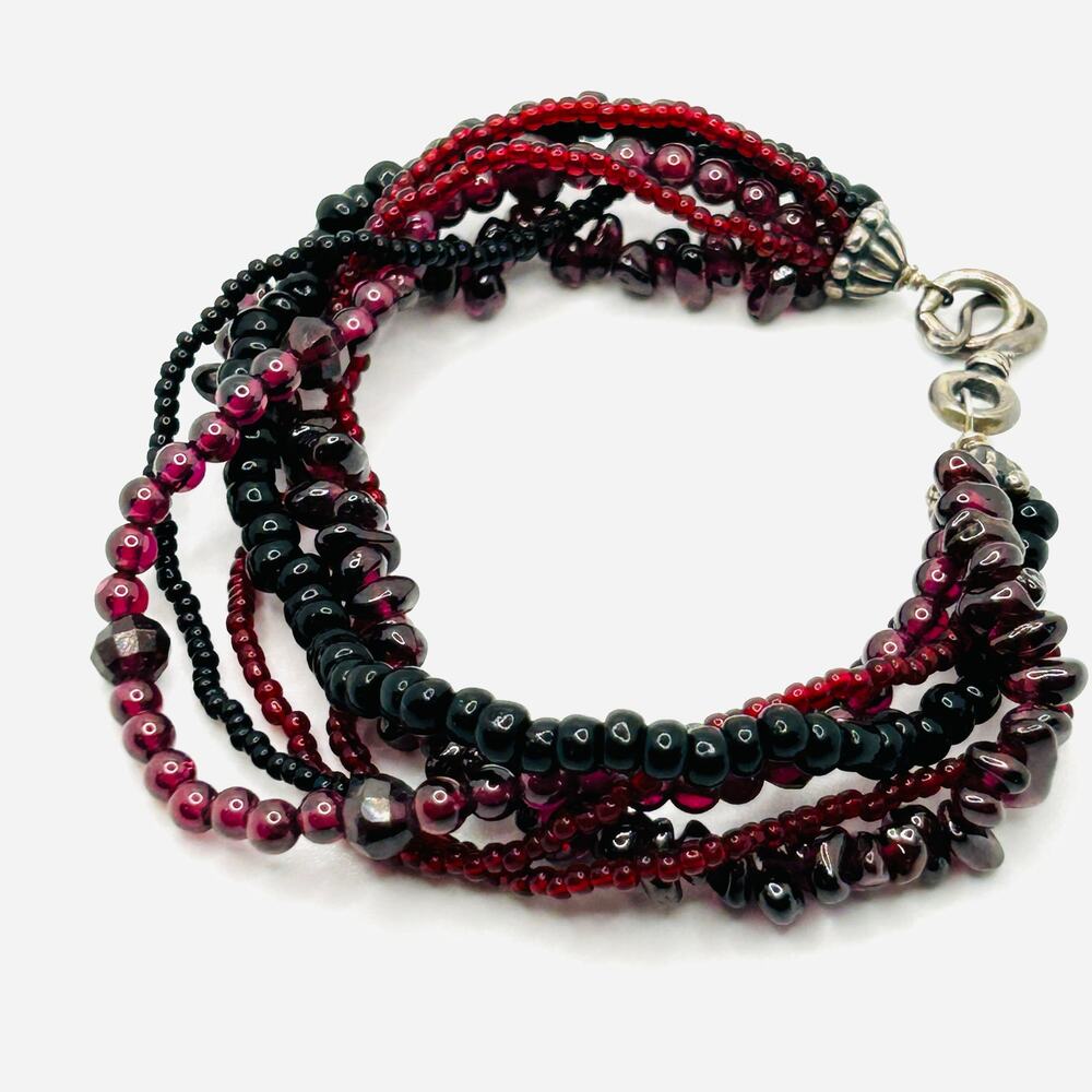 Vintage Artisan Garnet Black Red Glass Multi-Strand Layered Beaded Bracelet
